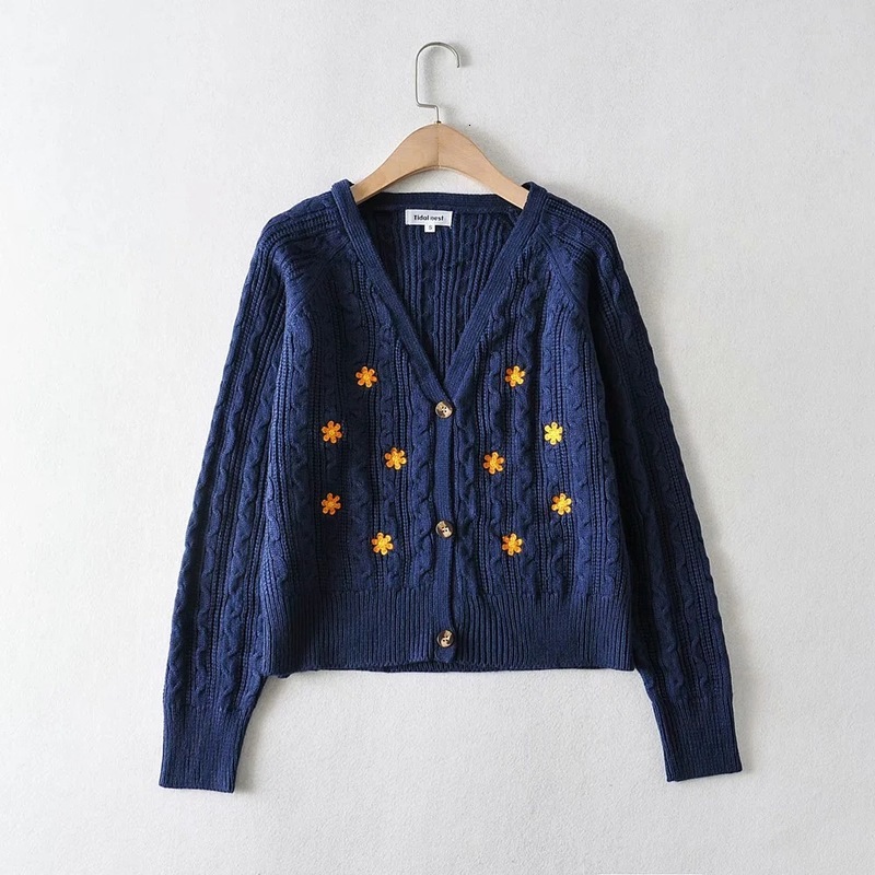

2021 Nss463 Autumn New Retro Embroidery Small Flower V-neck Single Breasted Twist Knitted Sweater Cardigan Coat Woman 53hz, See chart