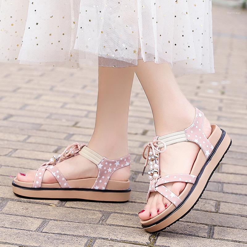 

2020 New Summer Women Sandals Fashion Beaded Open Toe Flat Women's Shoes Student Roman Wild Girls Sandals1, Black