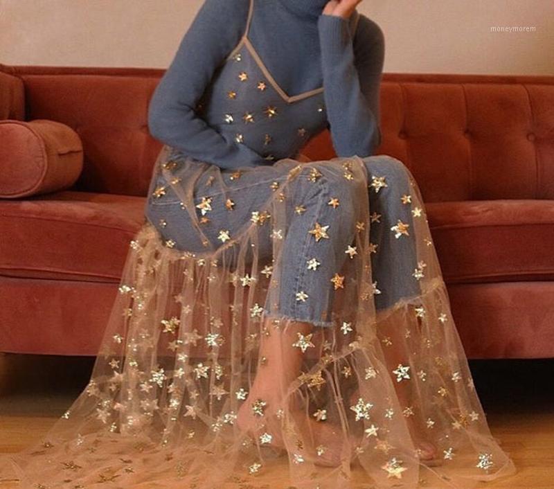 

Women Star Pattern Dresses Spaghetti Straps Tulle Long Maxi Dresses Fashion Bling Bling See Through V-neck Party1, Black