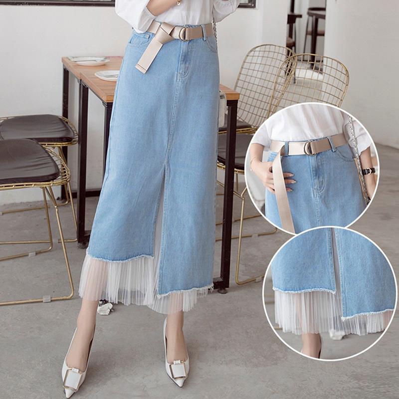 

Tulle Patchwork Skirts For Women New Fashion Spring Mesh Split High Waist Packet Demin Skirt Female Casual Long Jeans Skirt, As picture