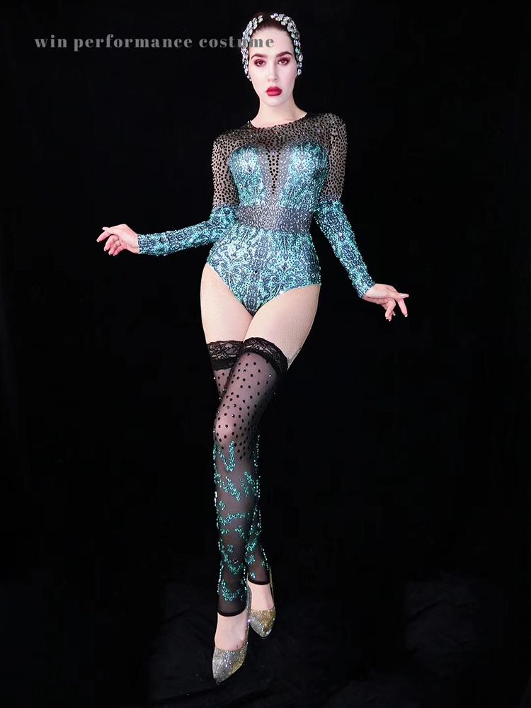 

Black blue rhonstone bodysuit silk stockings leggings women's dance singer party club wear stage bar birthday celebration, Multi