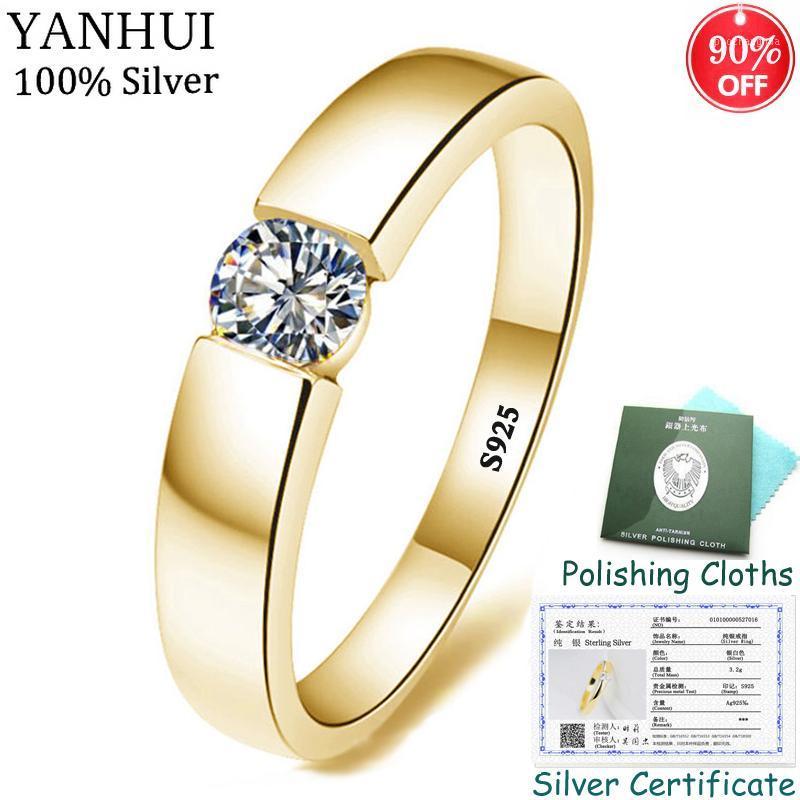 

Cluster Rings YANHUI 100% Original 925 Solid Silver Gold Plating Engagement Wedding With Cubic Zirconia Fine Jewelry For Men Women R16, Golden;silver