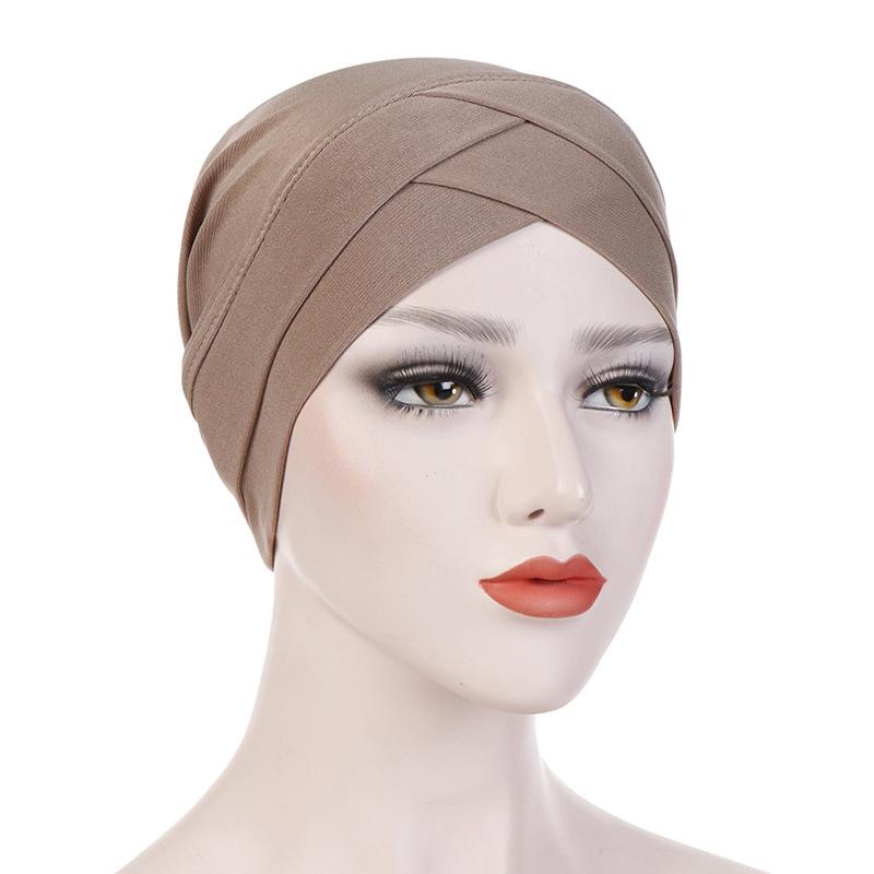 

Beanie/Skull Caps Women Stretchy Turban Hat Cross Head Wrap Cotton Cap Solid Soft Headscarf Arrival Fashion Muslim Scarf High Quality, Black