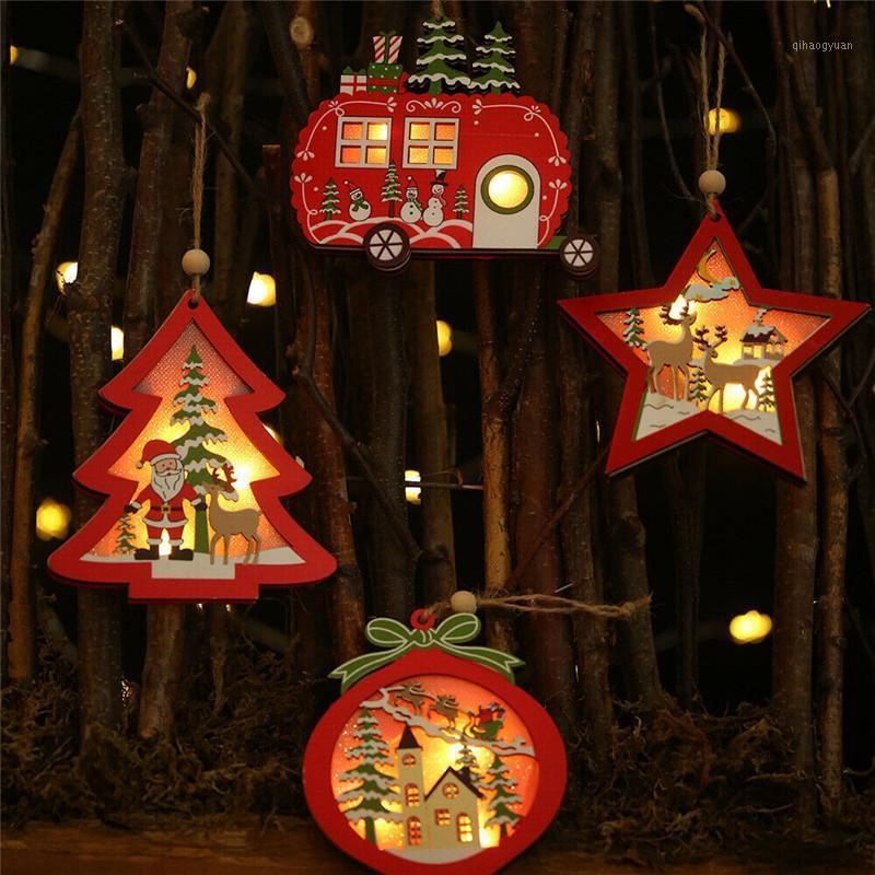 

Christmas Pendant Decorations Wooden Drop Ornament Xmas Party Christmas Tree Hollow LED Light1