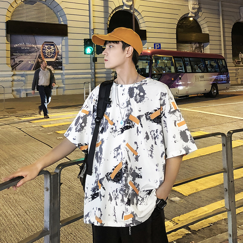 

2020 Summer Men's Tide Brand Leisure Doodle Printing Male Short Sleeve Student Yellow/blue Color T-Shirt Big