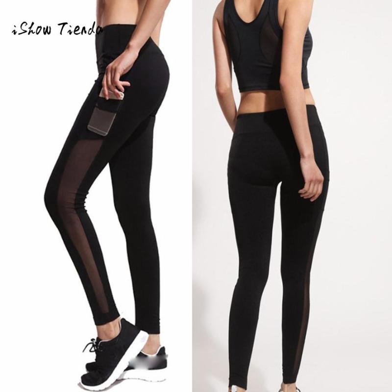 

High Quality Sexy Black Mesh Splice Women Yoga Pants With Pocket Elastic Breathable High Waist Fitness Sport Leggings Trousers, As pic
