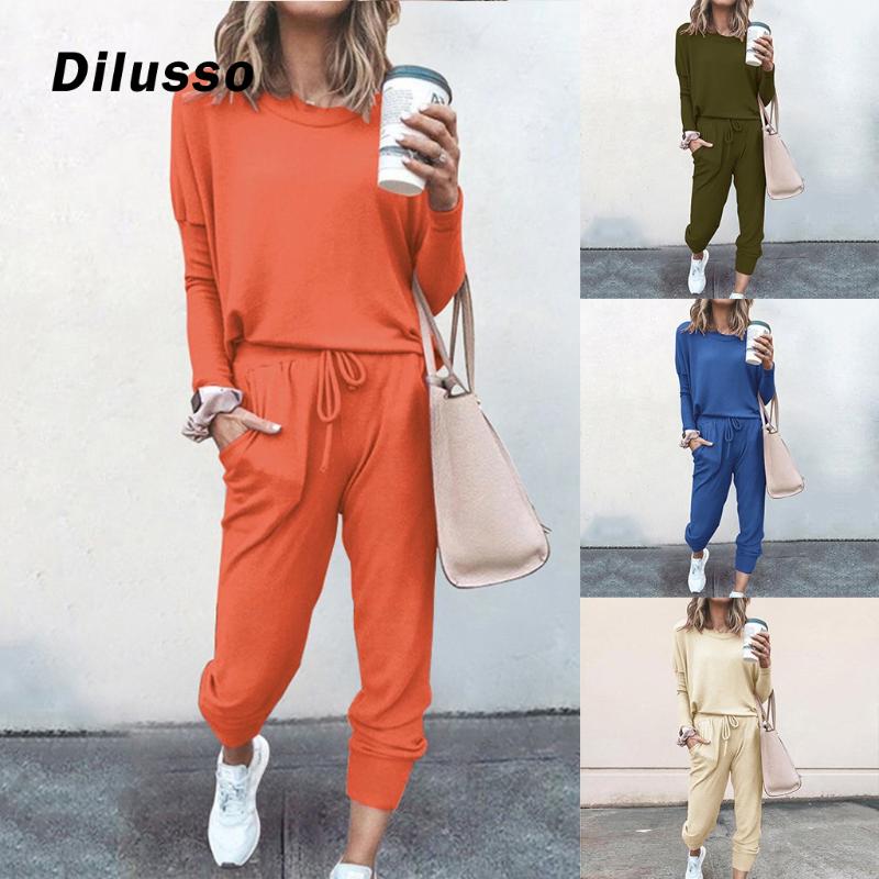 

2pc Women Solid Color Suit Long Sleeve Leisure Pocket Home Sweatpants Sets Casual Loose Female Autumn Daily Sets Suit, Khaki