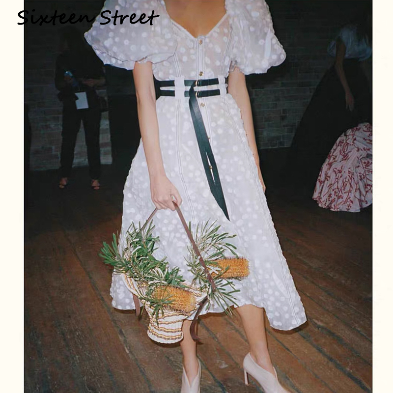 

Women's Dresses White Knitted or Crocheted, Dressed in Strips of V-neck, Puffing Sleeves and Racing Design, New, Summer, 2021 Party, 3cn9, Blue