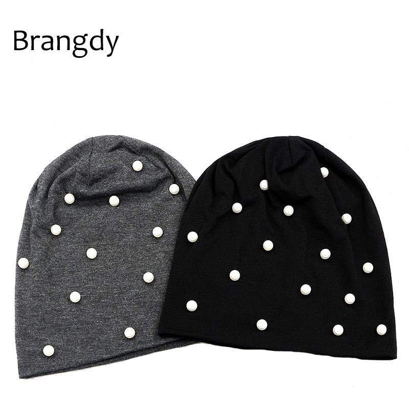 

Womens Pearls Beanies Hats Autumn Winter Soft Solid Cotton Ployester Slouch Skullies Hats For Ladies Girls Bonnet Dropshipping, White