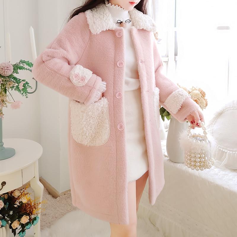 

2020 winter temperament in the new long female little upset imitated coat wool woolen cloth coat, Pink