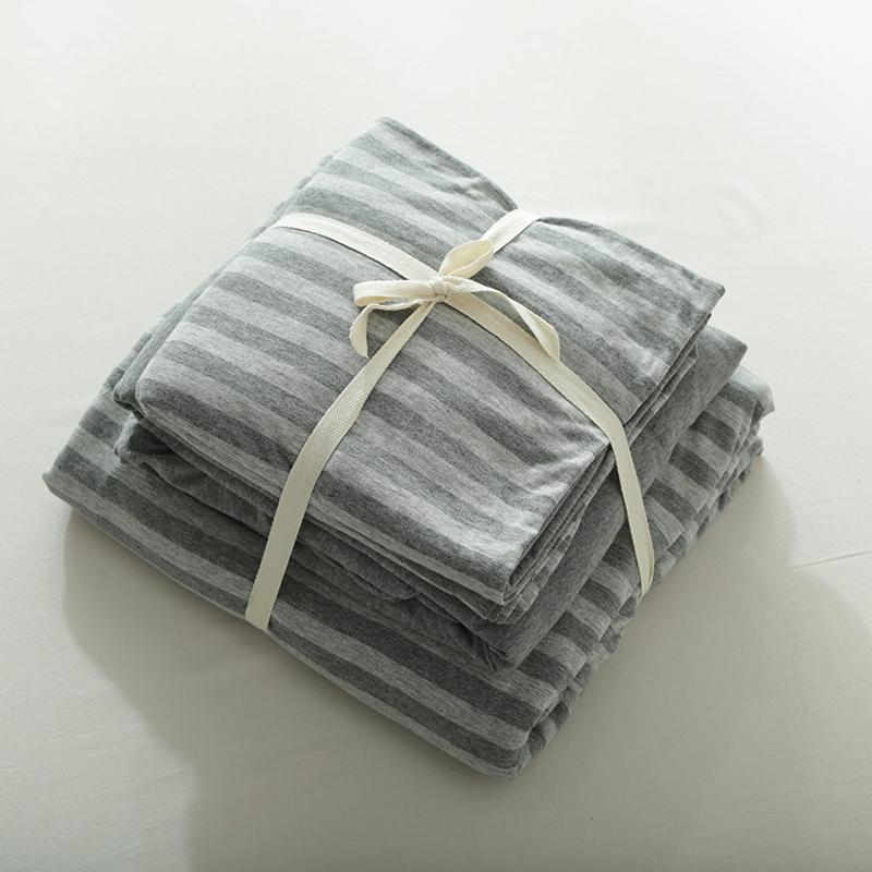 

4pcs 100% Cotton Elegant Gray striped duvet cover set super soft Jersey Knitted bedding with Grey fitted sheet rubber around, As pic