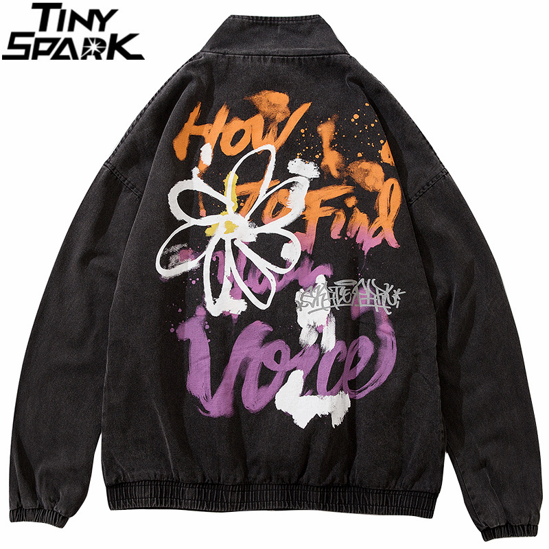 

Men Vintage Black Denim Jacket Coat Hip Hop Oversize Graffiti Daisy Flower Streetwear Jacket Jeans 2020 Autumn Zip Windbreaker, A569152 black