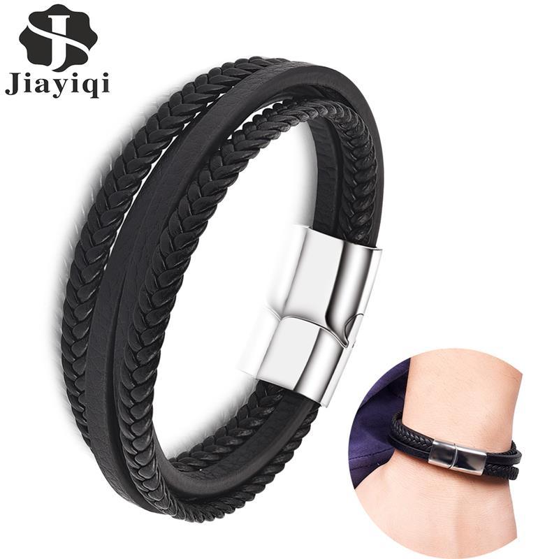 

Men Bracelet Leather Mutilayer Rope Chain Stainless Steel Buckle Magnetic Bangle 2020 Trendy Male Jewelry Accessories Party Gift