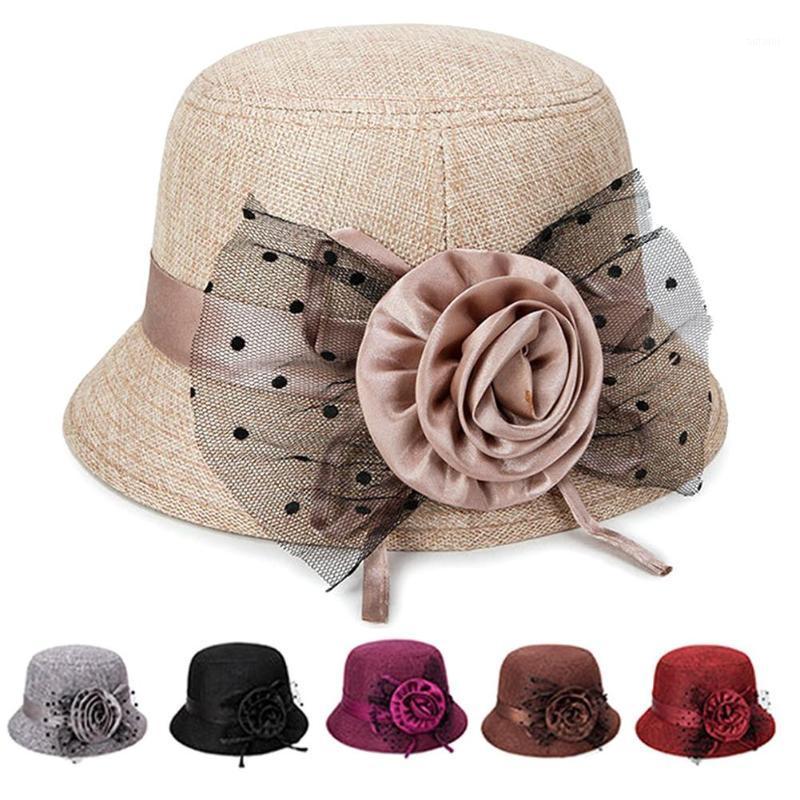 

Women Polka Dot Mesh Large Flower Bowler Round Brim Hat Outdoor Sun Hat Basin Cap 6 Colors1, Brown