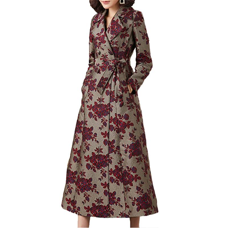 

Women New 2020 Autumn Winter Plus Size Long Coat Female Vintage Jacquard Print X-Long Trench Coat Slim Outerwear Overcoats H65, As pic
