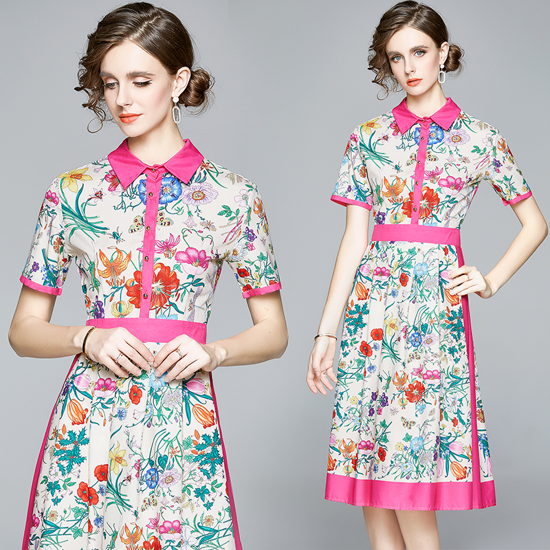 

2021 New Merchall Summer Women Runway Turn Down Neck Short Sleeve Chic Printing Holiday Midi Female Vestidos Amgf, The picture color