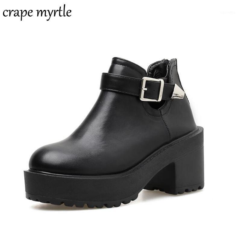 

womens short boots Gothic Style Buckle Strap Round Toe Boots Women fall Shoes chunky heel ankle heels platform shoe YMA9091, Black