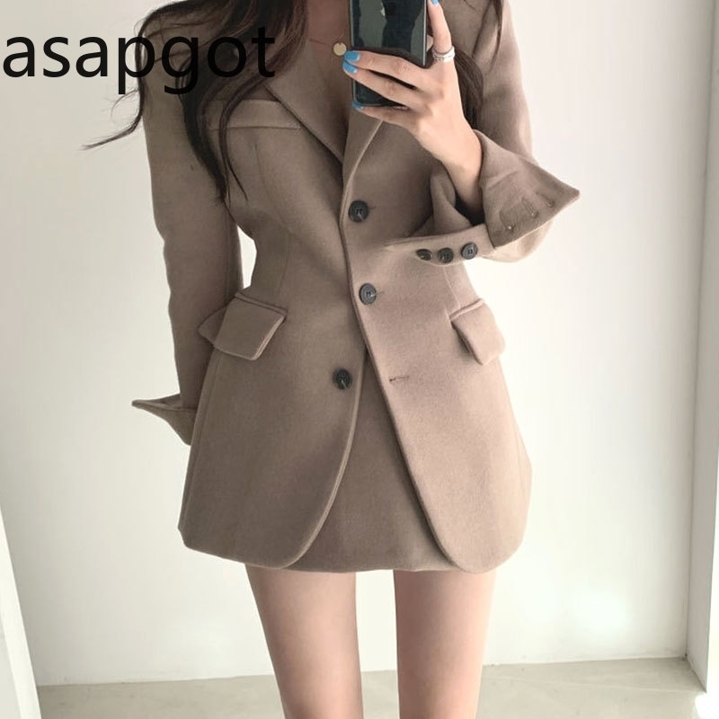 

Korean Chic Winter Vintage Woolen Full Blazer Jacket + High Waist Bag Hip A-line Skirts Women Skirt Suits Blazer Skirt Set Fall 201130, Black 2set s