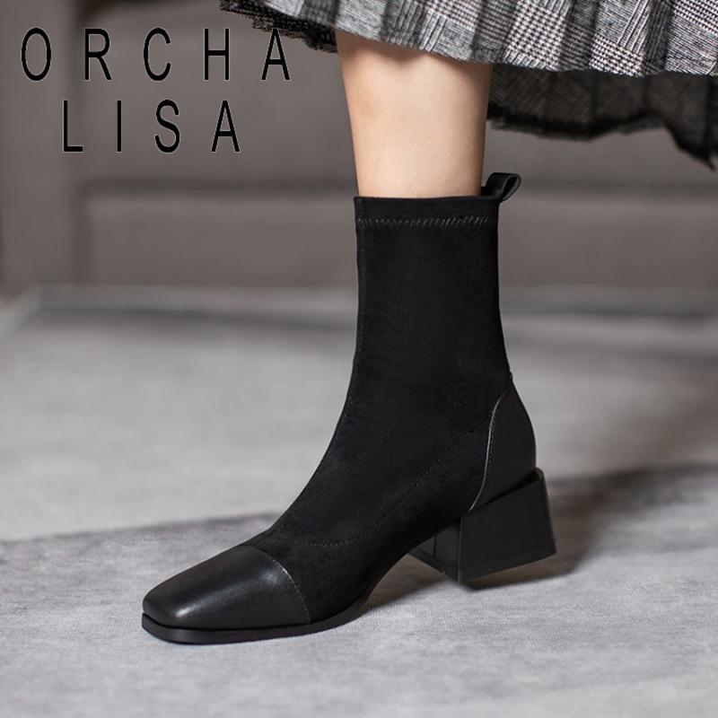 

ORCHALISA New 2021 Women Ankle Boots Square Toe Block Heels Nubuck Elegant Patchwork Simple Slip-On Big Size 43 Casual A3395, Black