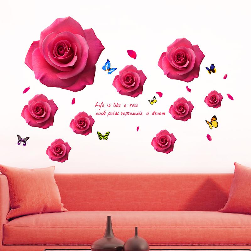 

shijuekongjian] Romantic Red Roses Wall Stickers DIY Flower Mural Decals for Living Room Dormitory Wedding Room Decoration