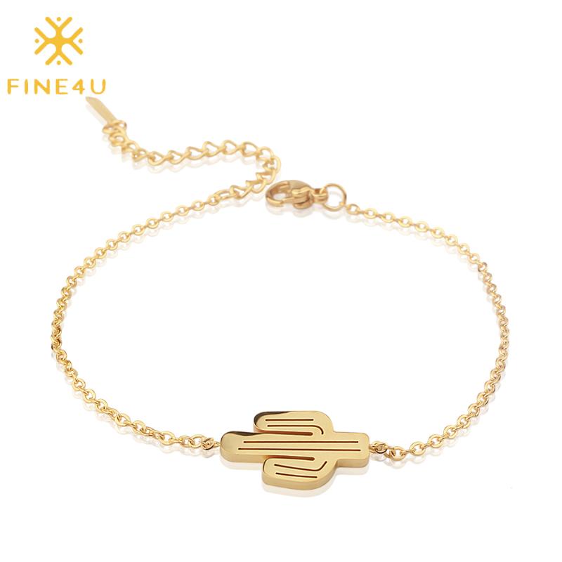 

FINE4U B173 Stainless Steel Plant Cactus Charm Bracelet Gold Color Link Chain Bracelets Women Girl Friendship Gifts