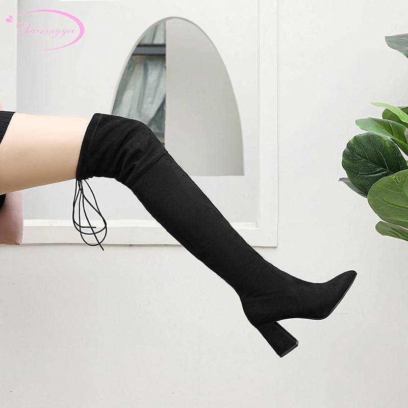 

Party slimming sexy pointed toe riding boots lace-up zipper black white high-heeled chunky over knee high boots women's shoes1