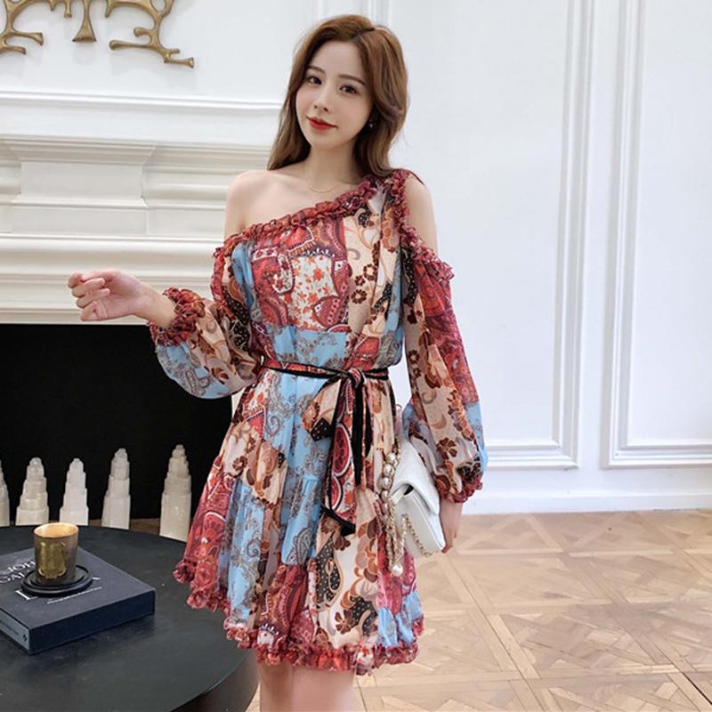 

Vintage Boho Chiffon Dress Women Slash Neck Cold Shoulder Sexy Mini Dress Lace Up Bohemian Ruffles Spring Autumn A-Line B461, The picture color