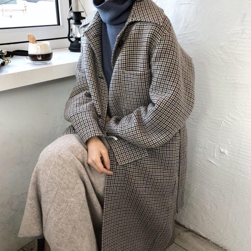

Chic Houndstooth Women Warm Plus Office Lady Fashion Woolen Cotton Coats 2020 Winter Casual High Quality Sweet Plaid Coat Female, Camel