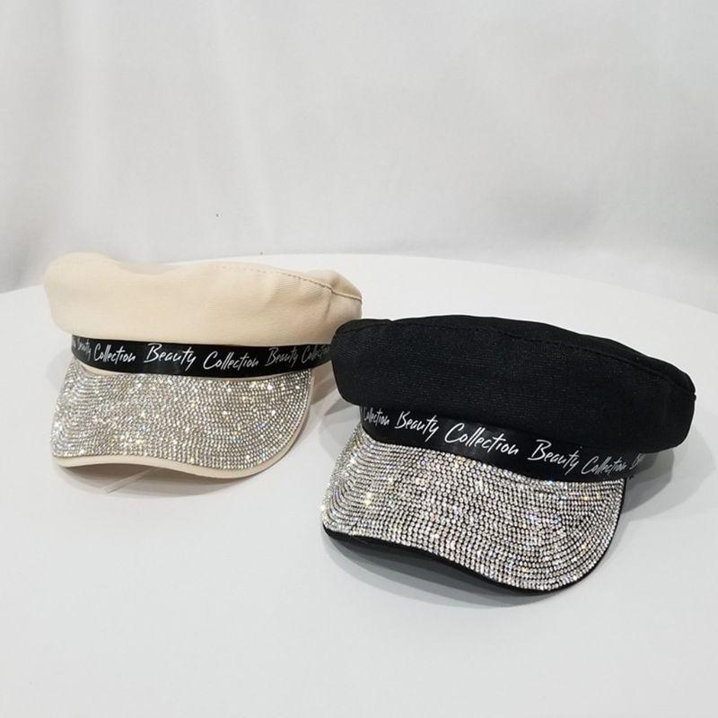 

2020 European Style Women Cotton Adjustable Flat Top Beret Cap Glitter Rhinestone Letters Newsboy Painter Sun Visor Hat