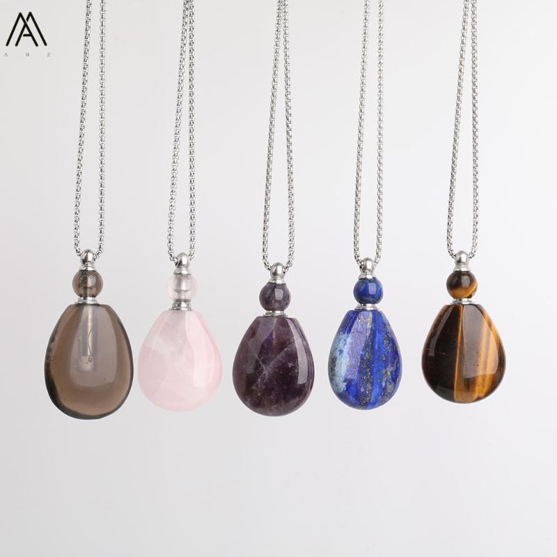 

Smoky Color Quartz Perfume Bottle Pendant Necklace Women Gold Silvery Stainless Steel Gems Stone Necklace Jewelry DSS-203AMCE1