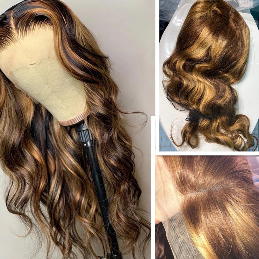 

13x4 Lace Frontal Wigs Transparent Hd Ombre Highlight Body Wave Brown Blonde Human Hair Wig 30 32Inch 150%Density Brazilian Wavy, As the picture shows