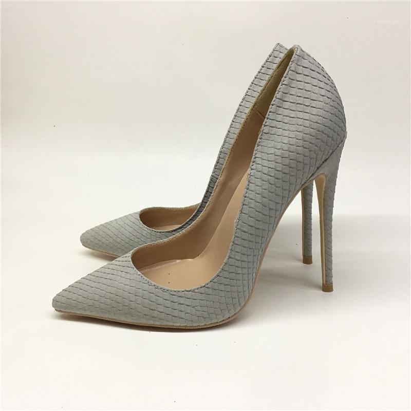 

2020 New Grey Snakeskin Type High Fine Heels 8CM 10CM 12CM Pointed Toe Shallow Mouth Big and Small size Office Lady Pumps Size 31, Gray