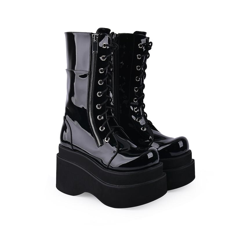 

Angelic imprint PU Leather Round Toe Punk style Lolita boots High Boots Stars Lolita Shoes 136, Black