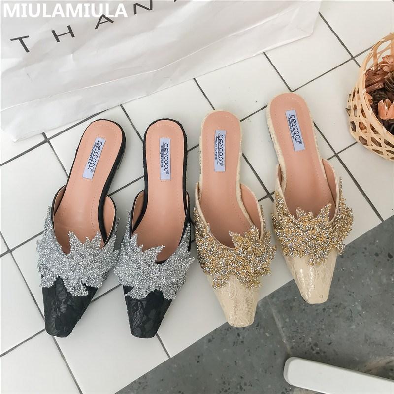 

2021 Spring Fashion Bling Bling Butterfly Flat Lace Slippers Brand Designer Socofy Ladies Shoes Loafers Mules Flip Flops Casual, Beige
