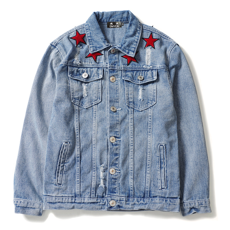 

Men Fashion 100% Cotton Trucker Jackets Slim Fit Men' Gradient Embroidery Red Star Denim Jacket Tat4, Blue