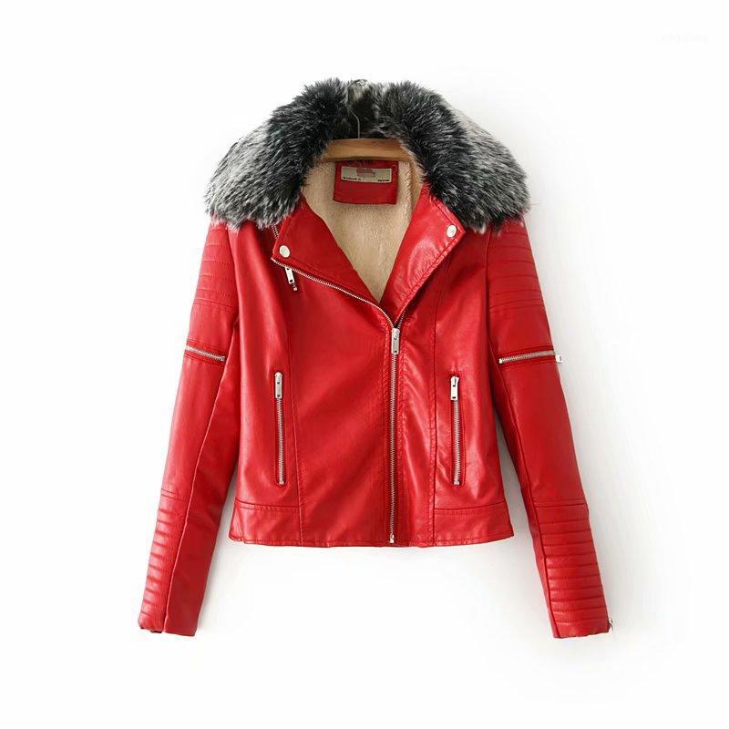 

Zippers Pockets Fur Collar PU Women Jacket Leather Autumn Winter Thick Warm Fleece Coat Long Sleeve Short Jacket Casual Feminine1, Black