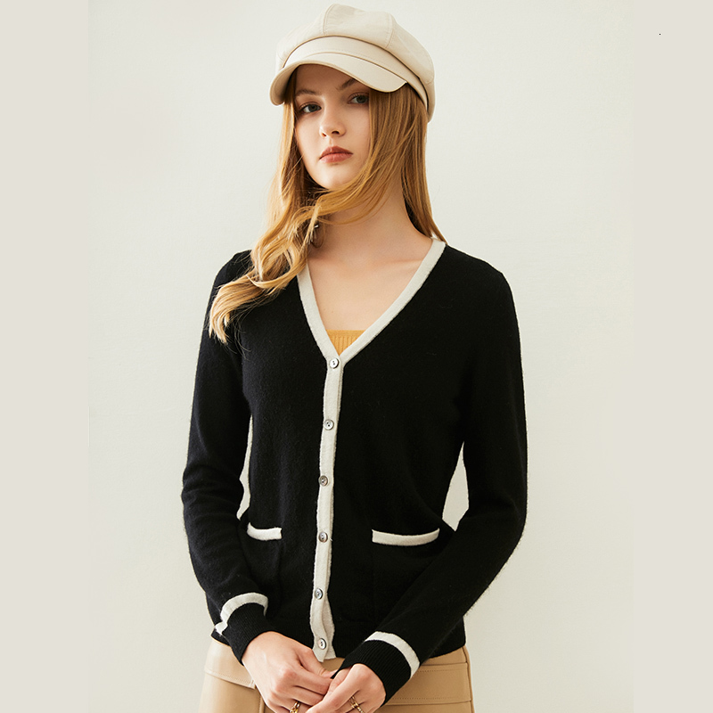 

2021 New Women V-neck with Pockets Jackets 100% Pure Wool Knitted Cardigans Hot Sale 2colors Winter Sweaters Female Woolen Standard Cloth M1, Black