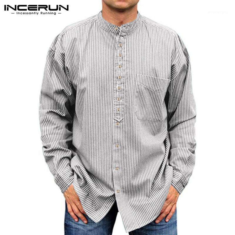 

INCERUN Autumn Men Striped Long Sleeve Stand Collar Muslim Kaftan Shirt Fashion Casual Retro Social Button Cotton Mens Blouse1, Gray