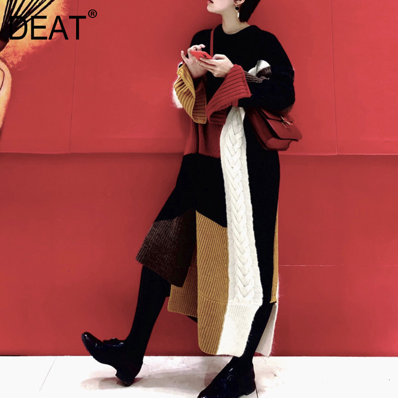 

DEAT Leisure O Neck Patchwork Contrast Color Full Sleeve Ankle Length Dresses Women Loose sweater Autunmn Winter New TD614 201126, Stick needle