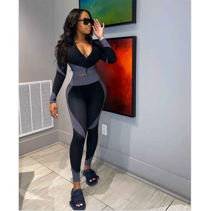 

High elastic Patckwork Fitness tracksuit woman 2 piece set skinny Long sleeves crop Top slim Leggings Sportswear Suit Women C0122, Red