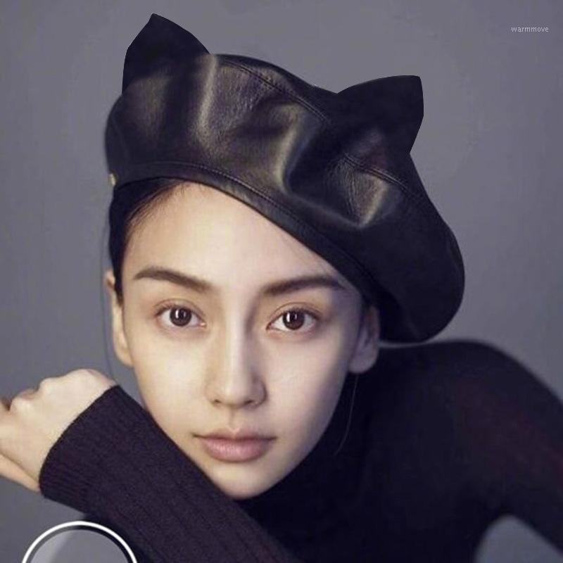 

Cute Instagram Casual Versatile Cat Ears Leather Beret Female Korean Version Of The Budd Painter's Hat1, Black