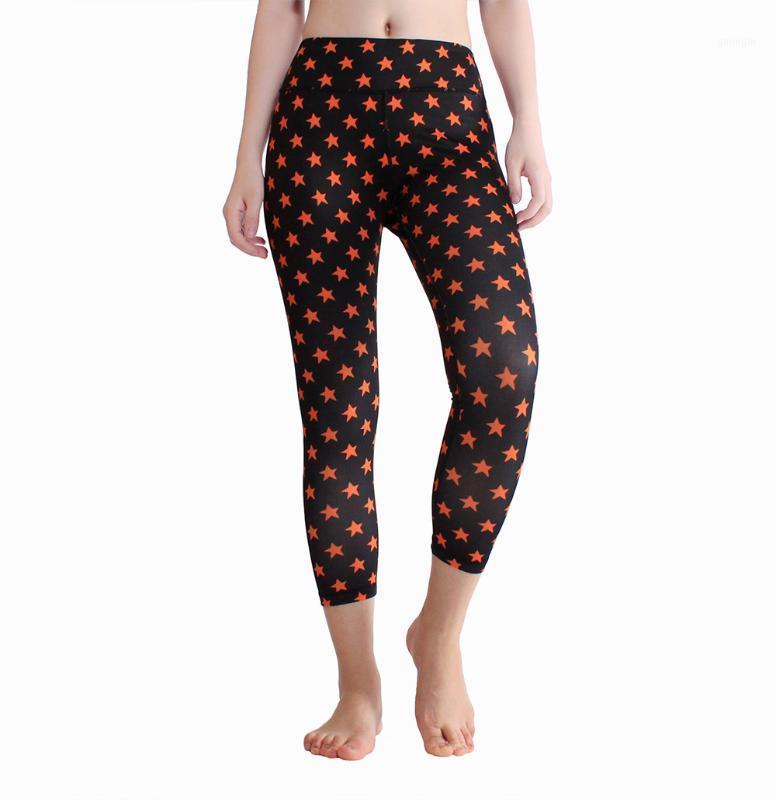 

Women Sports Running Gym Star Fitness Girls Printed Casual Tight Stretch Cropped Yoga Pants1, Black red star