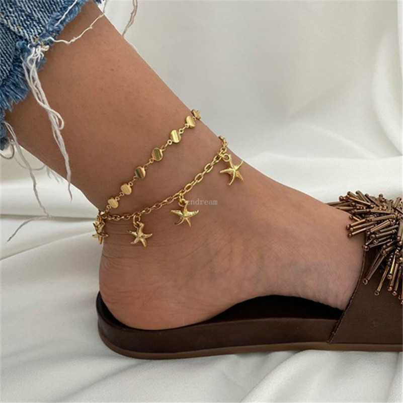 

Fashion Bohemian gold starfish anklet chain multilayer gold chains Foot Bracelet for women fashion jewelry will and sandy gift, Red;blue