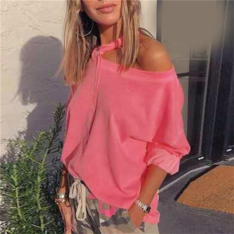 

Women' Solid Color T-shirt Fashion Sexy Spring Casual Long Sleeve Off Shoulder O-neck Loose Sweatshirt, Red