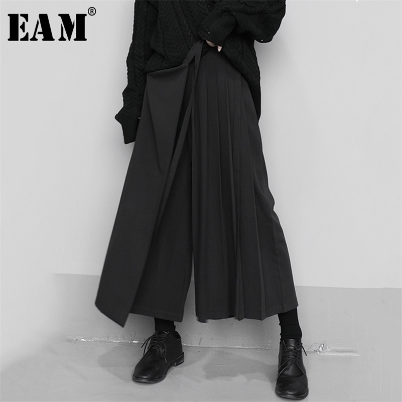 

[EAM] High Elastic Waist Black Pleated Split Wide Leg Trousers New Loose Fit Pants Women Fashion Tide Spring Autumn 1N666 201228