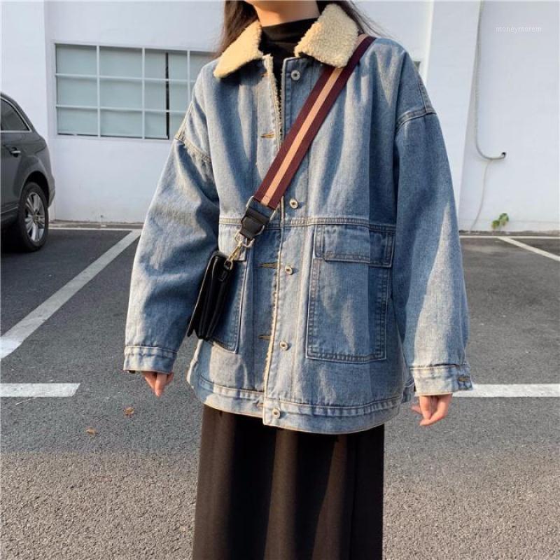 

Timis Li Women Denim Jacket Womens Fashion Casual Jeans Jacket Warm Denim Coat Fake Lamb Fur Collar Bomber Coats Outerwear1, Black