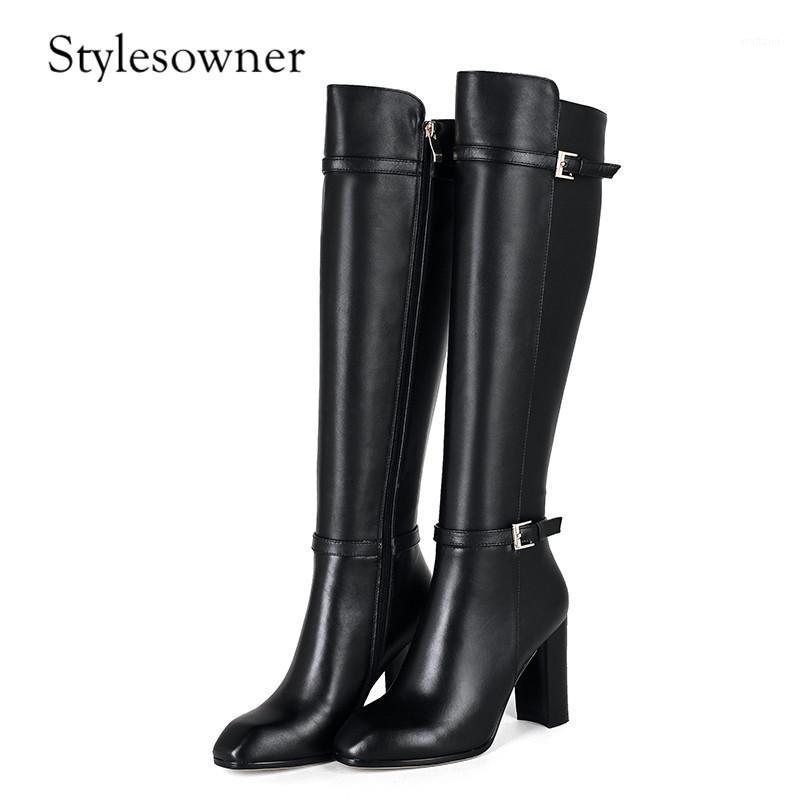 

Stylesowner 2020 Winter Genuine Leather Long Boots High Heels 9cm Black Solid Color Soft Leather Rome with Plush Motorcycle Boot1