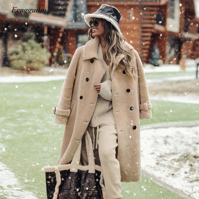 

Fur Coat Women Winter Coat with Belt Lapel Collar 2021 New Leather Woolen Jacket Outwear, Beige