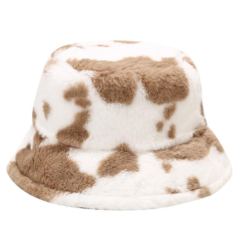 

New Plush Fisherman Hat Women Korean Cow Pattern Warm Winter Cap Fashion Basin Hat Soft Fluffy Bucket Caps, White pink