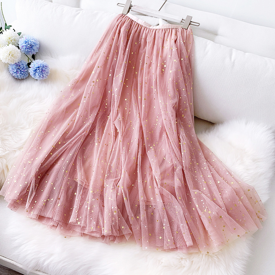 

2021 New Glittering Pentagram Maxi Tulle Women Korean Ladies Elegant Pink Blue Black High Waist Long Skirt Female Lipb, Apricot